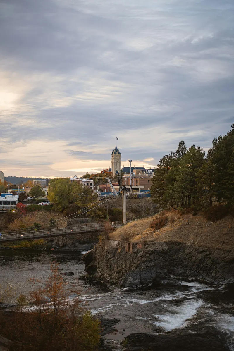 Spokane Falls and the downtown clock tower